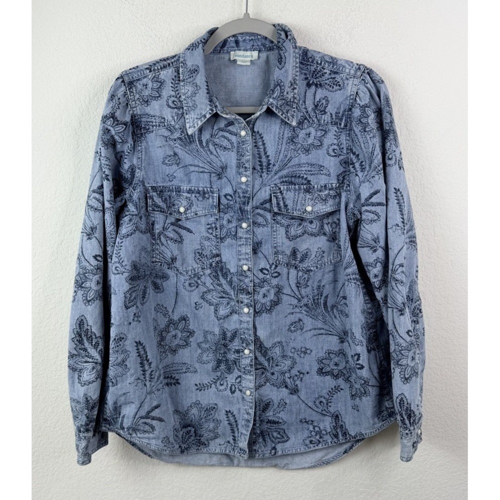 Sundance Western Chambray Shirt Sz S Blue Floral Paisley Pearl Snap Cowgirl